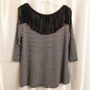 Isela black & gray leather fringe top, size L